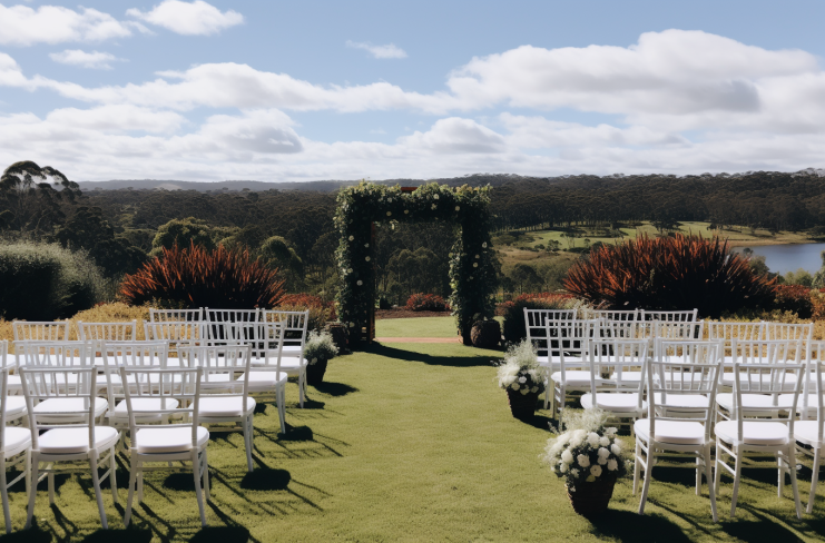 A row of white chairs are lined up on a lush green field.