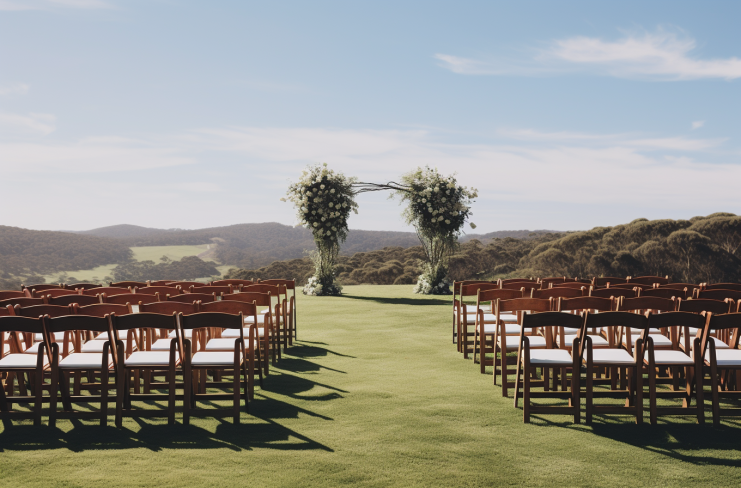 A row of wooden chairs are lined up in a field for a wedding ceremony.