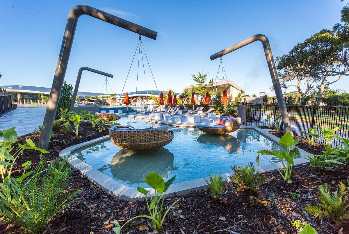 A large swimming pool surrounded by trees and umbrellas.