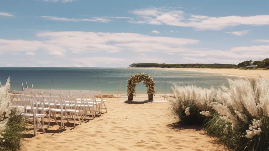 A wedding ceremony is taking place on the beach near the ocean.