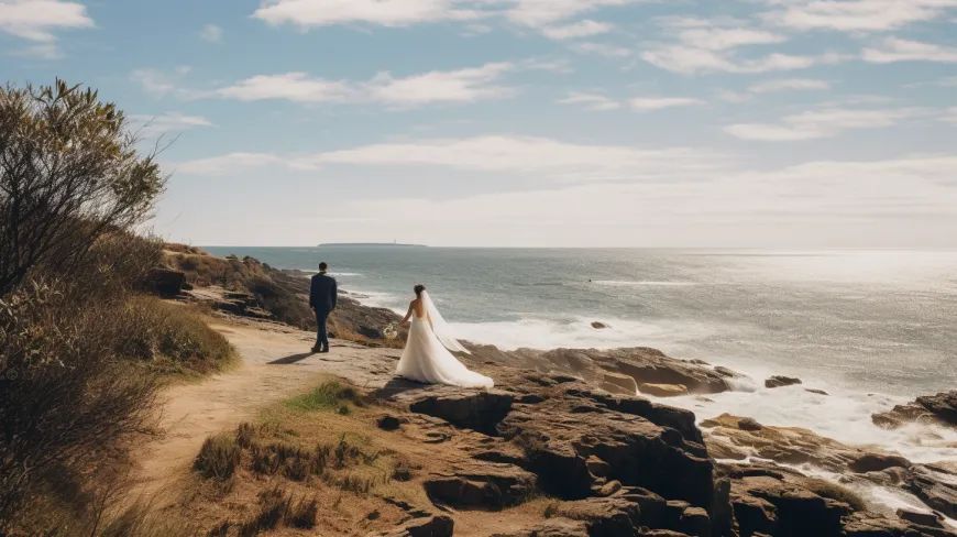 A bride and groom are walking along a path next to the ocean.