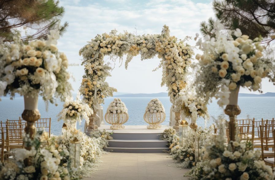 A wedding aisle decorated with white flowers and a floral arch overlooking the ocean.