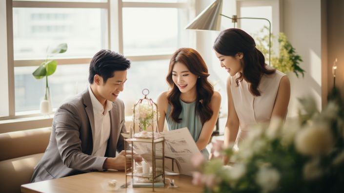 A man and two women are sitting at a table looking at a menu.