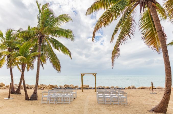 A beach with palm trees and chairs set up for a wedding ceremony.