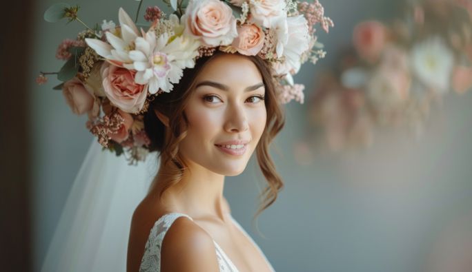 A bride wearing a veil and a flower crown on her head.