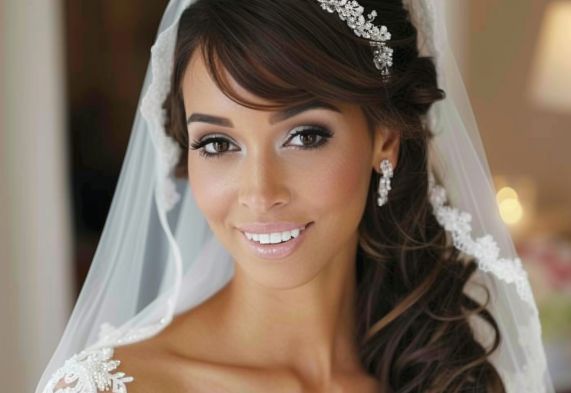 A bride wearing a veil and earrings is smiling for the camera.