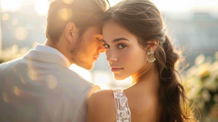 A bride and groom are standing next to each other and looking at each other.