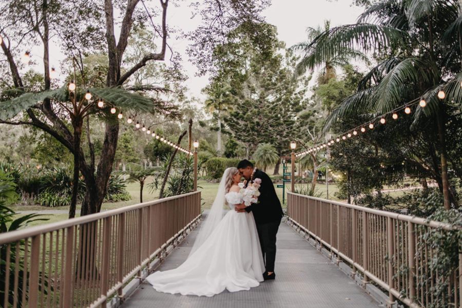 A bride and groom are kissing in front of a white van.