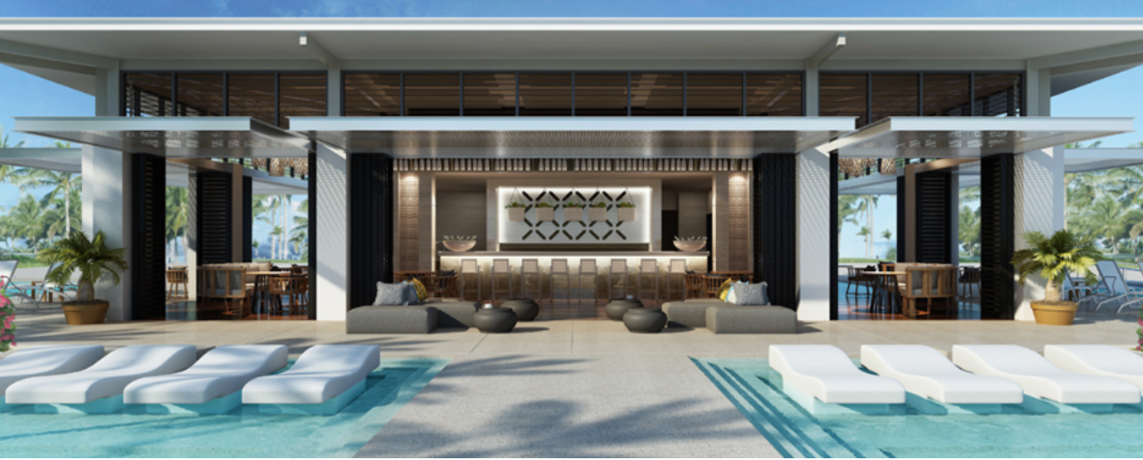 An artist 's impression of a hotel with a swimming pool and a bar.