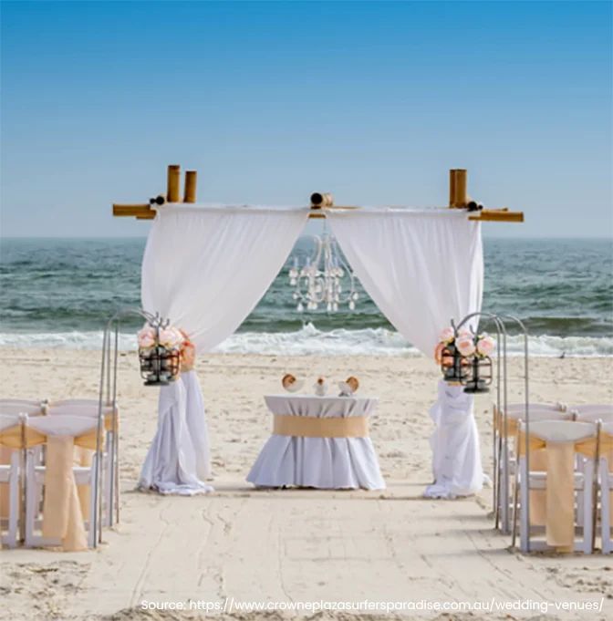 A wedding ceremony is set up on the beach