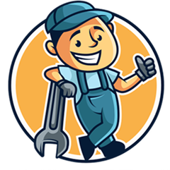 Smiling cartoon mechanic in blue overalls holding a wrench on an orange circle background | Dunedin Total Car Care
