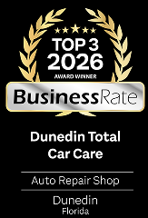 Top 3 2026 BusinessRate award badge for Dunedin Total Car Care, auto repair shop in Dunedin, Florida