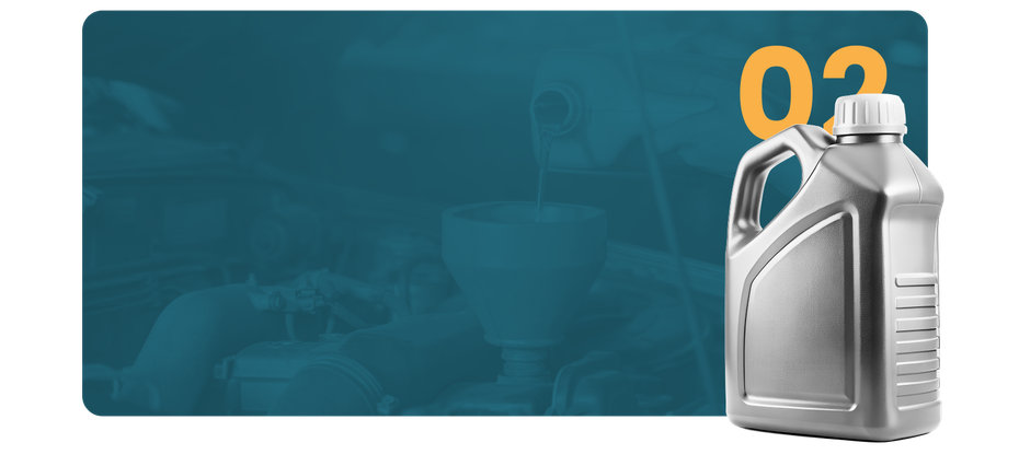 Silver motor oil container on teal background with yellow “02” in the corner | Dunedin Total Car Care