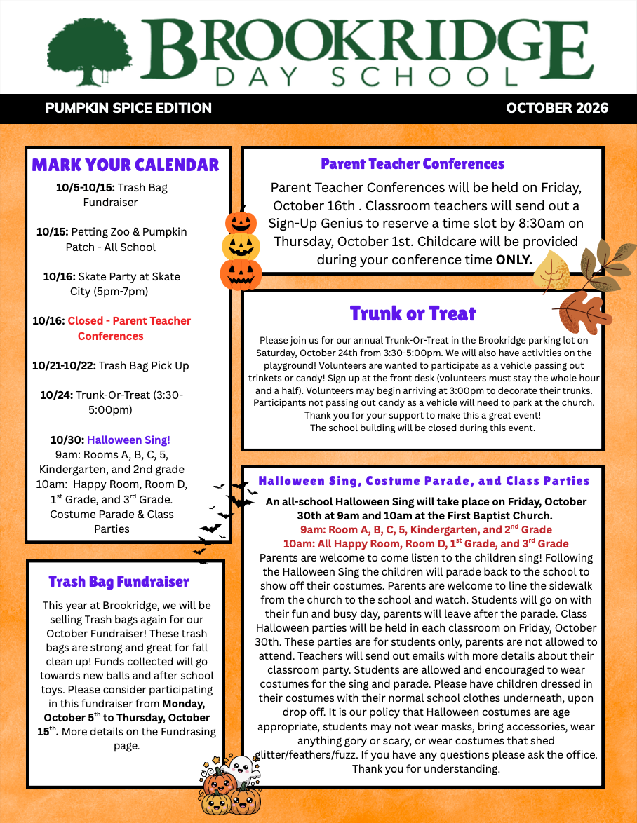 The front page of a brookridge day school newsletter.