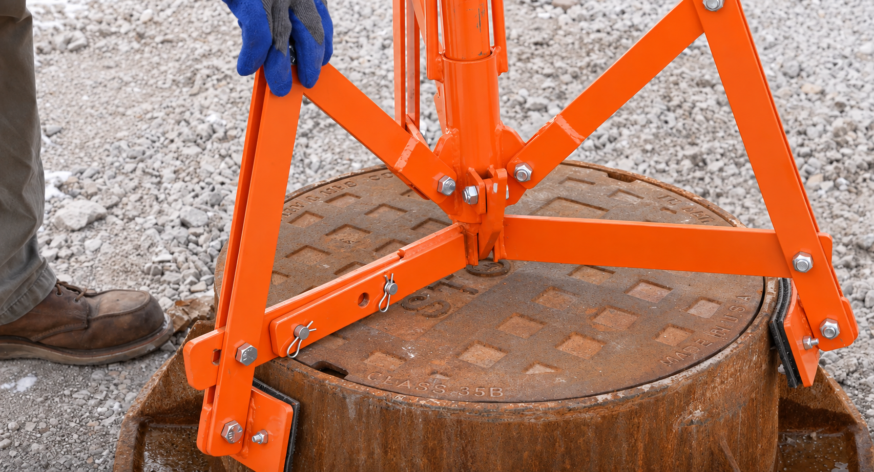 Orange lifting clamp gripping a large tree stump during removal work