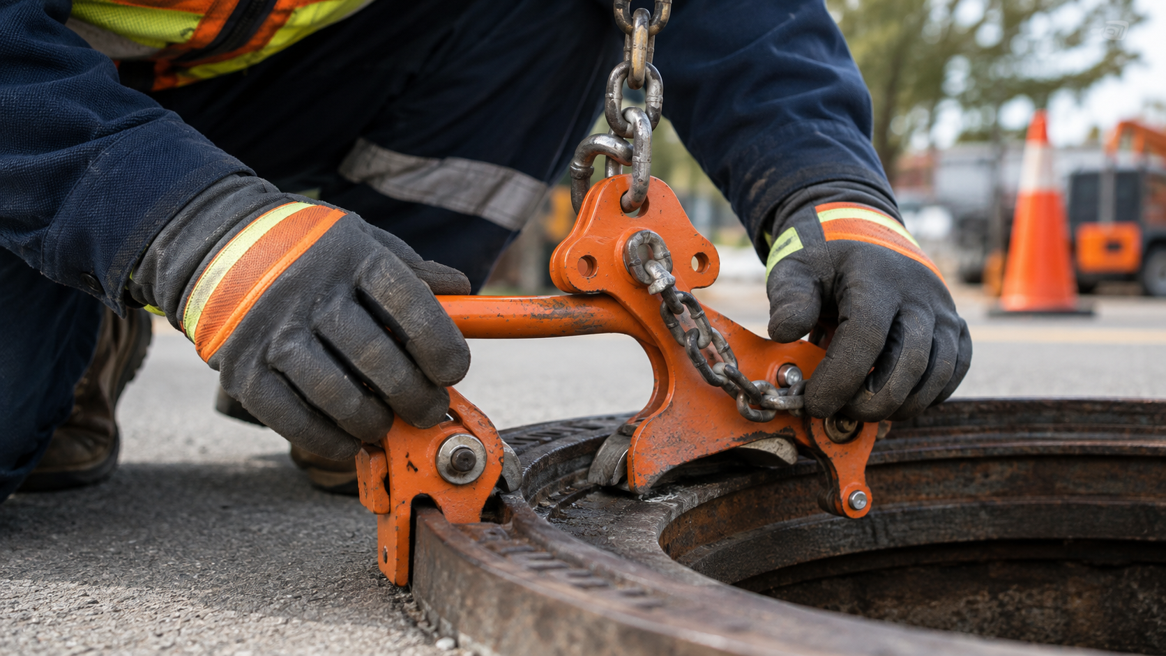 Worker inspecting and positioning an orange manhole lifting tool before use