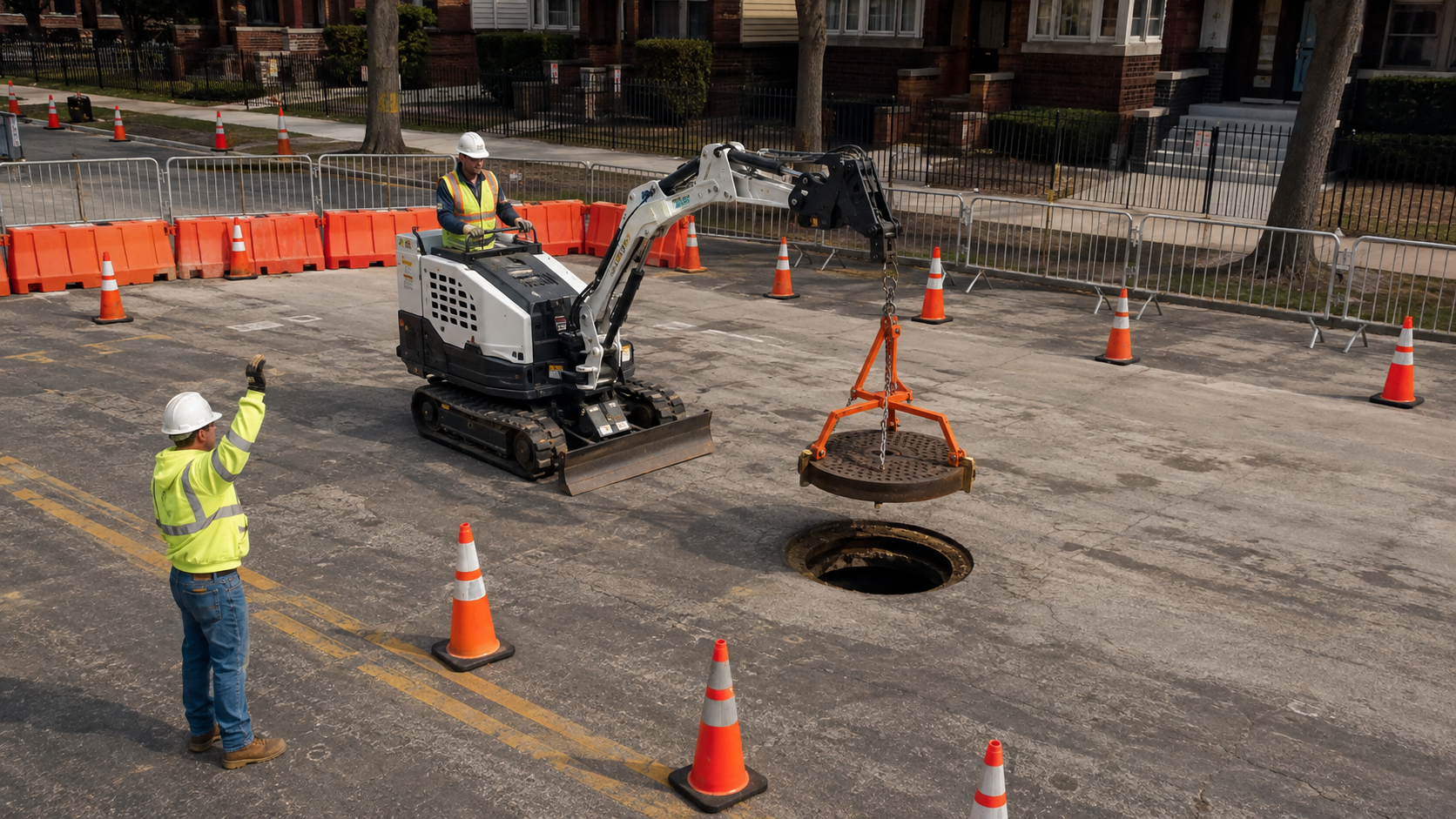 Utility crew moving a heavy manhole frame inside a secured municipal work zone