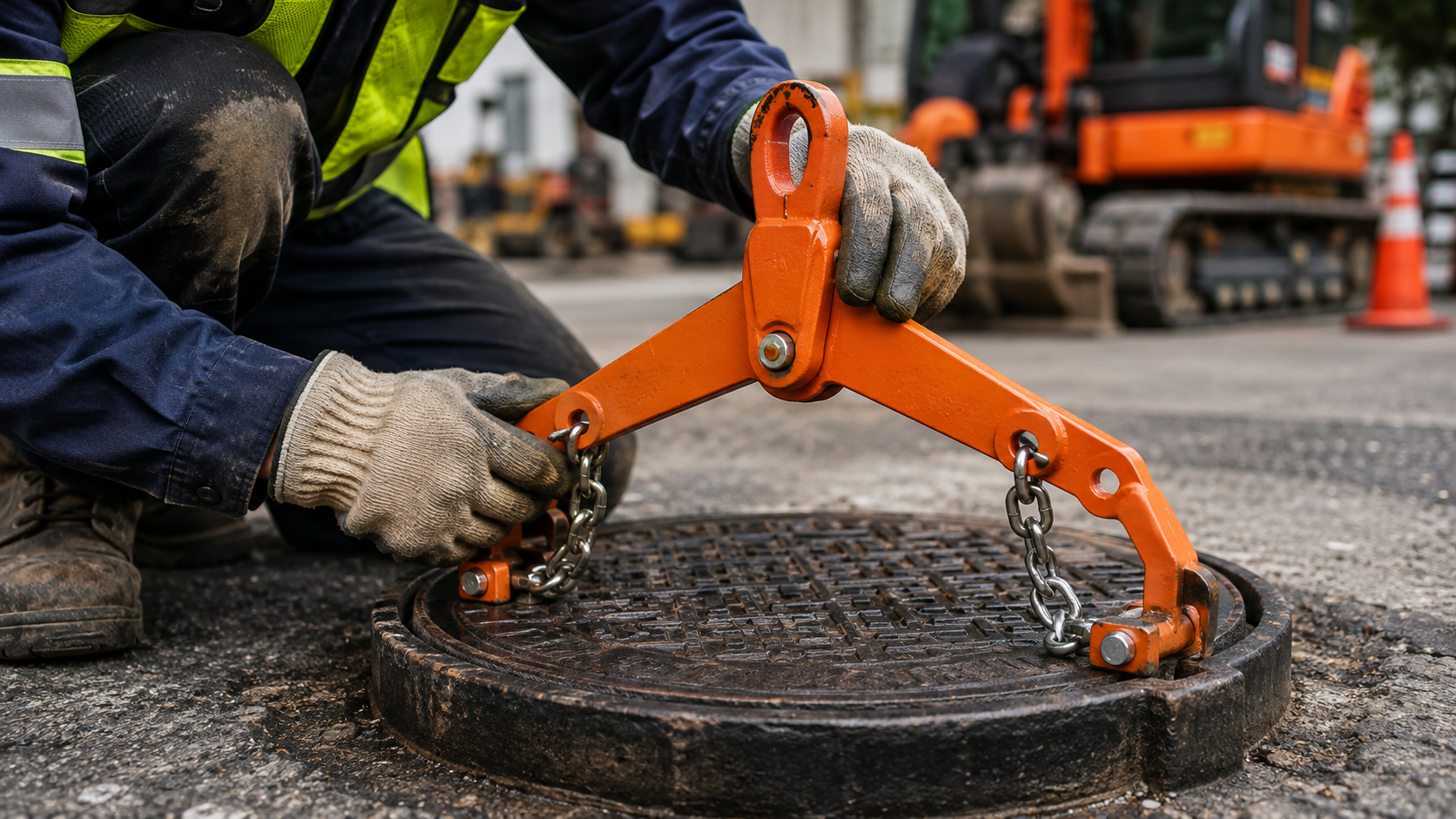Worker inspecting an orange two-legged manhole lifting attachment before use