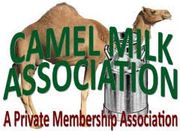 Camel and milk can with green text reading “Camel Milk Association” and red subtitle “A Private Membership Association.”