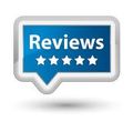 Reviews icon with blue background, white text and stars, and a speech bubble shape.