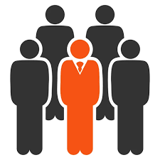 Group of people, one in orange with tie, surrounded by others in gray.