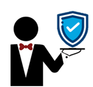 Butler holding a tray with a blue shield and a check mark, symbolizing security or protection.
