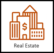 Brown outlined buildings with a dollar sign on one, text 