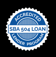 Blue and white SBA 504 Loan Accredited Lender Program seal.