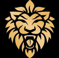 Stylized golden lion head logo on a black background