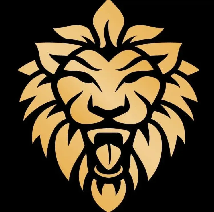 Stylized golden lion head logo on a black background