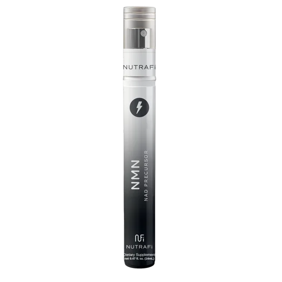 Black Nutrafol NMN supplement tube with silver cap on white background