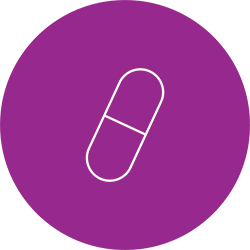 White molecular structure of three benzene rings on a purple background.