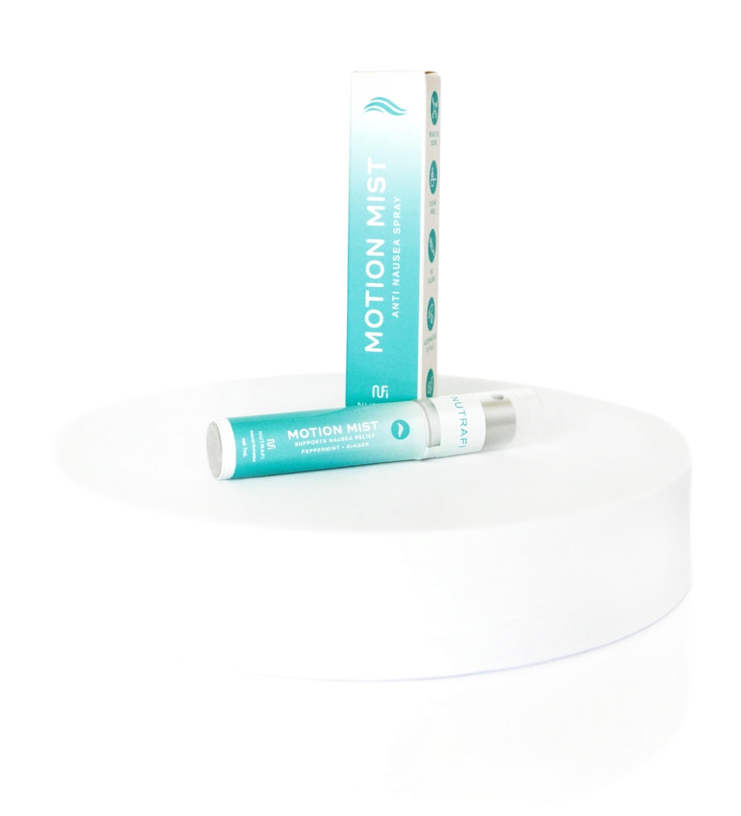 Motion Mist product shot; turquoise and white spray bottle and box on a white pedestal.