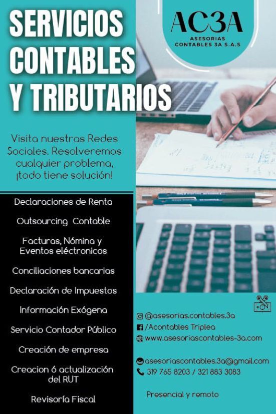 Un volante de servicios contables y tributarios muestra a una persona escribiendo en un trozo de papel.