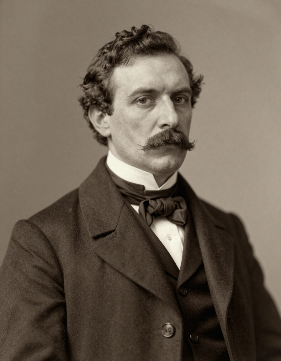 Retrato en tono sepia de un hombre con traje oscuro, bigote y pajarita, mirando ligeramente hacia la izquierda.