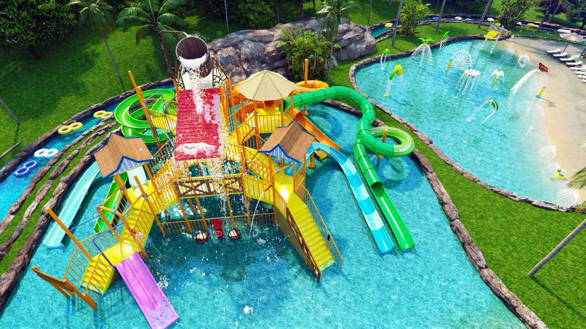 Parque aquático colorido com vários escorregadores, torre de água e uma grande piscina rodeada de grama.