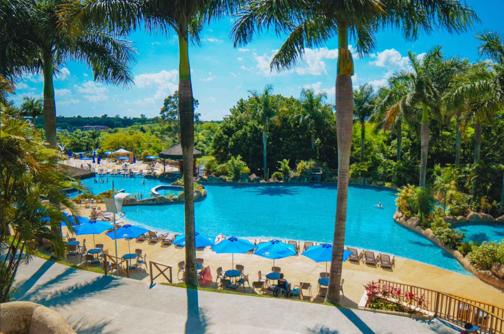 Piscina de resort tropical com água azul, palmeiras, espreguiçadeiras e guarda-sóis sob um céu ensolarado.