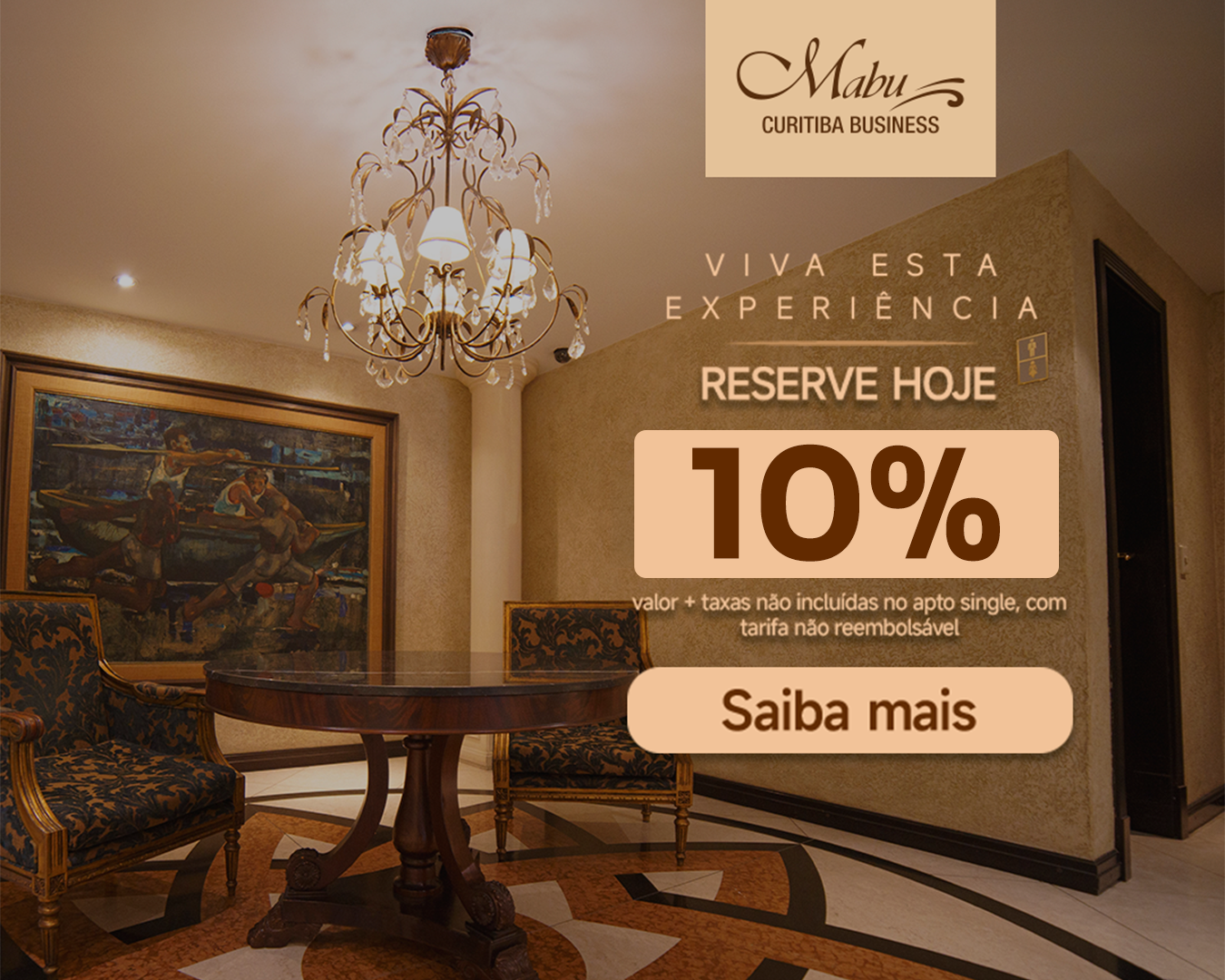 Promoção do lounge do hotel para reservas antecipadas, exibindo 10% de desconto e o botão “Saiba mais”