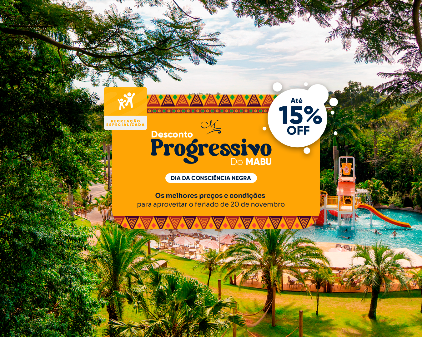 Anúncio da seguradora Orange Progressive sobre a piscina de um resort tropical, com um crachá de 15% de desconto e palmeiras.