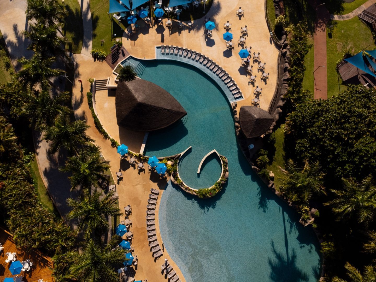 Vista aérea de uma piscina turquesa de resort com bar aquático curvo, espreguiçadeiras azuis e palmeiras.