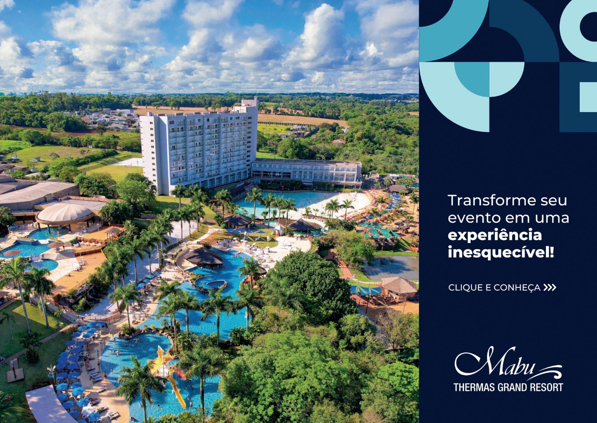 Resort com piscina e hotel alto sob céu azul, acompanhado de texto promocional em português.