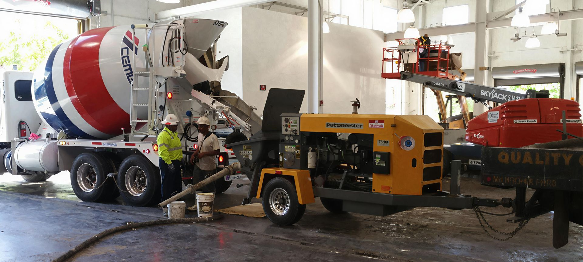 A concrete mixer truck discharges wet cement into a yellow industrial pump machine inside a large construction warehouse.