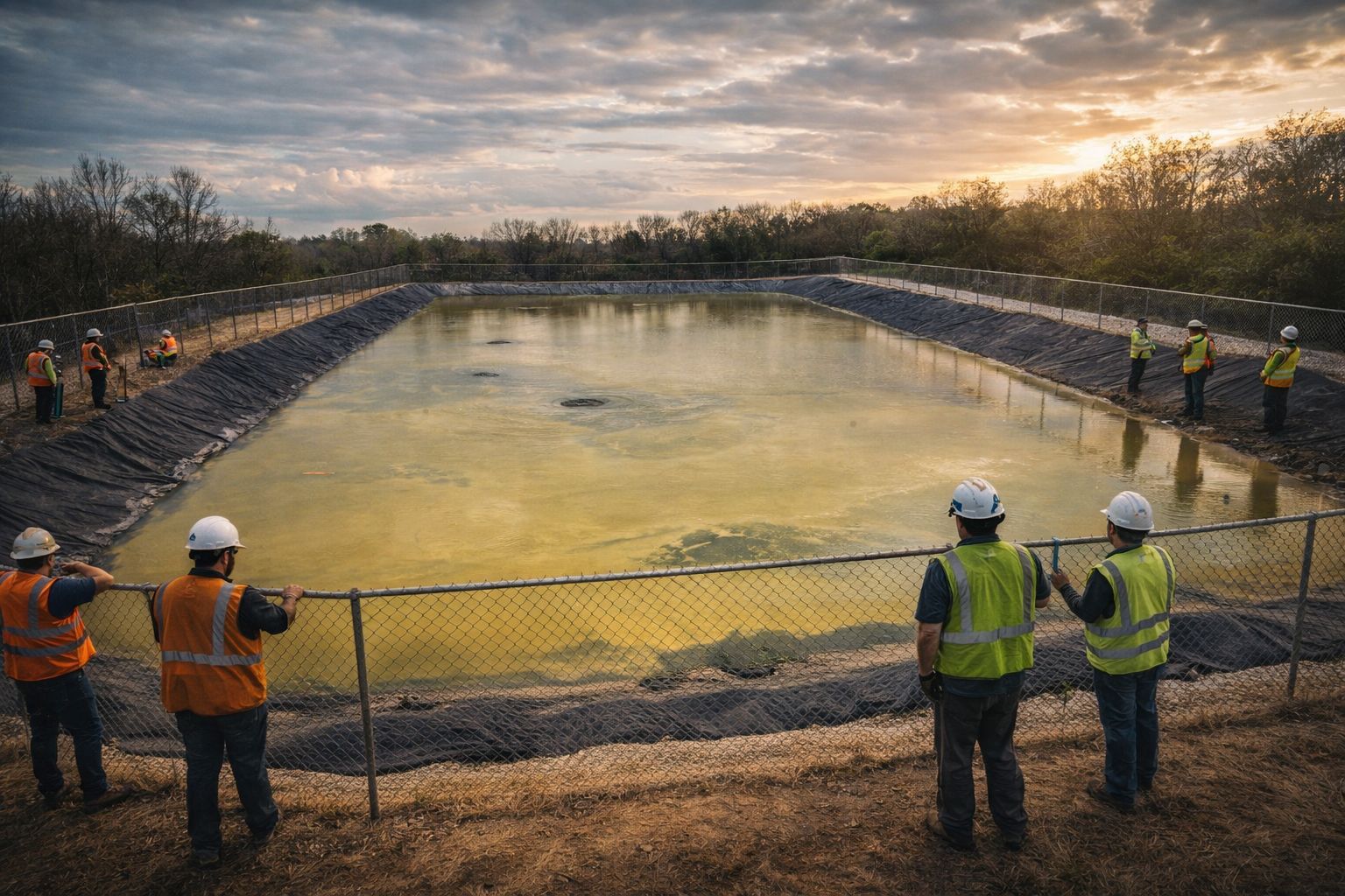 Workers in high-visibility vests standing by a fenced, man-made pond at sunset.