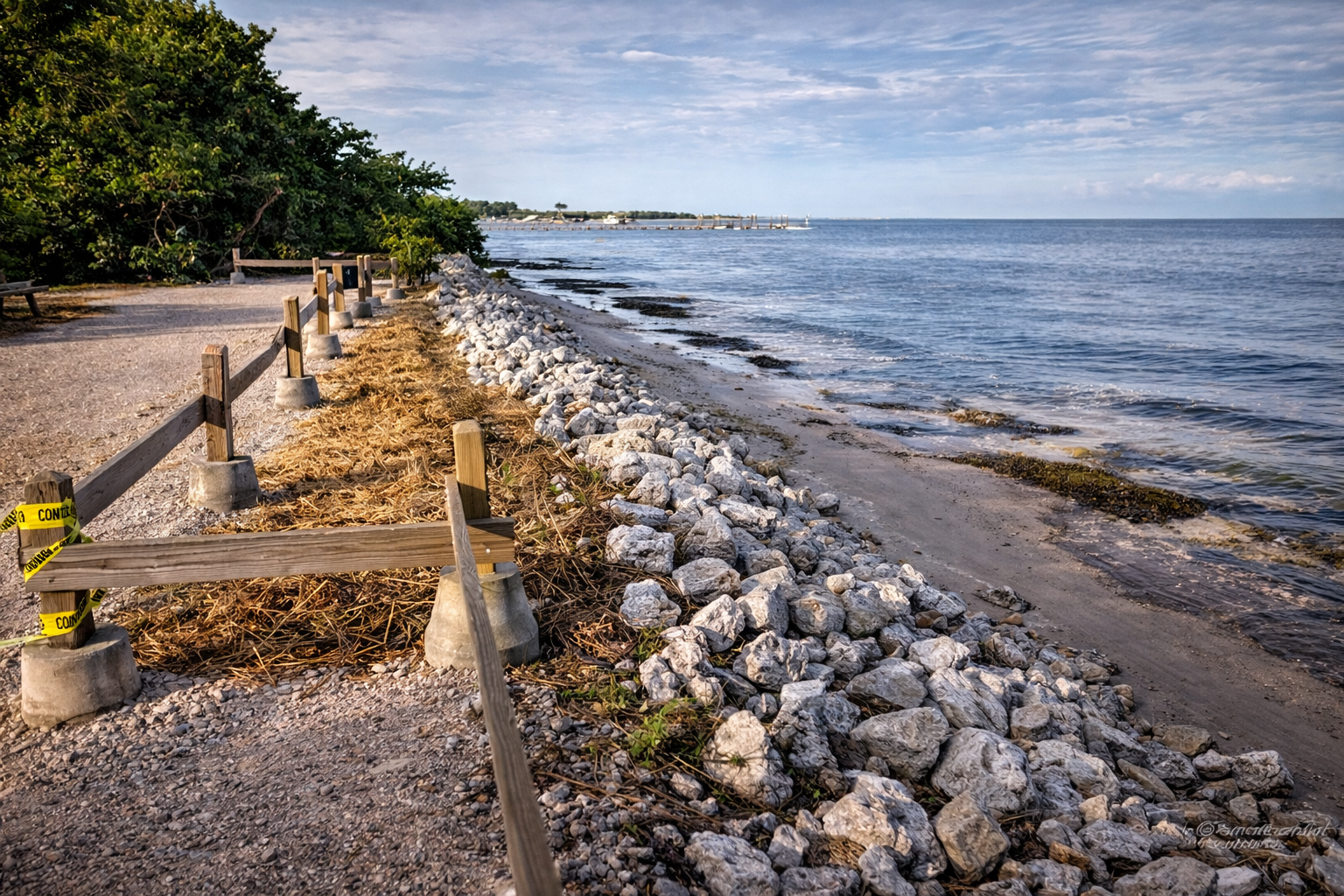 A wooden boardwalk with a railing runs alongside a rocky shoreline by the ocean under a clear sky.
