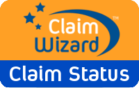 The logo for claim wizard claims status is orange and blue