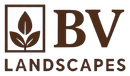 Logo for BV Landscapes: A square icon containing three brown leaves, followed by the text "BV" and "LANDSCAPES" below.