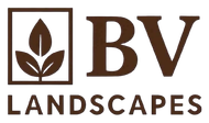 Logo for BV Landscapes: A square icon containing three brown leaves, followed by the text "BV" and "LANDSCAPES" below.