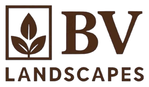 Logo for BV Landscapes: A square icon containing three brown leaves, followed by the text "BV" and "LANDSCAPES" below.