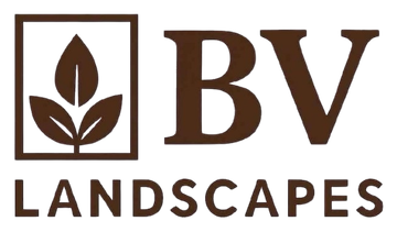 Logo for BV Landscapes: A square icon containing three brown leaves, followed by the text "BV" and "LANDSCAPES" below.