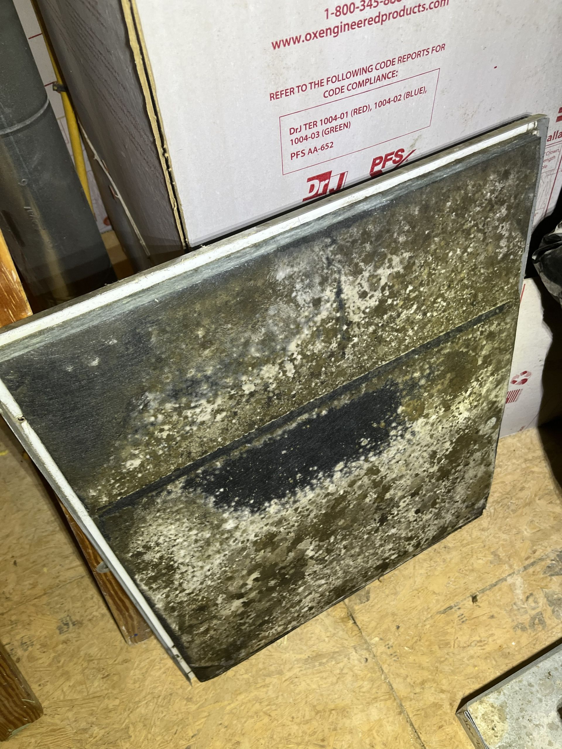 Mold-stained folded panel leaning against a wall in a dusty storage area